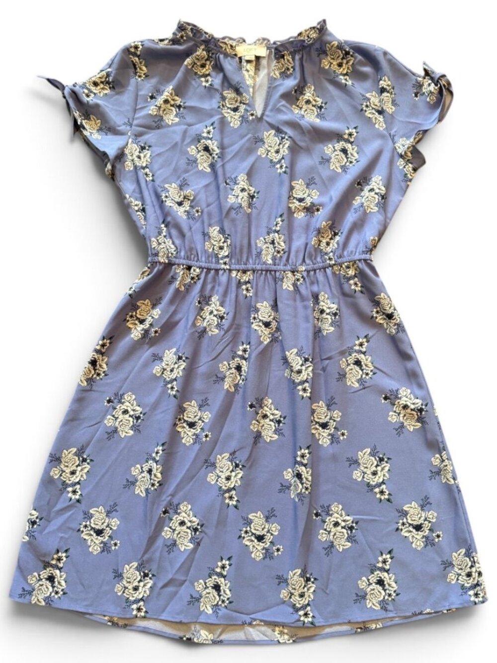 LOFT Outlet Floral Dress Medium Gray Blue Puff Sleeve Cottagecore Romantic
